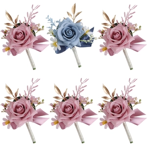 6-piece artificial rose boutonniere set in dusty pink and blue with gold leaves