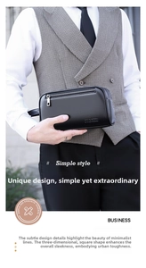 Close-up of black litchi leather men's clutch bag with CORSIN logo and handle