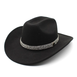 Classic black felt cowboy hat with silver rhinestone band and M letter metal buckle