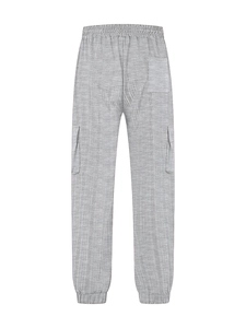 Detailed macro view of grey checkered linen cargo pants with elastic waist and side pockets