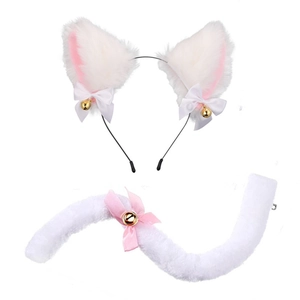 Detailed set of fluffy white cat ears headband and matching tail with pink silk bows