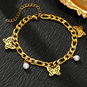 Golden Cuban chain bracelet with butterfly charms and white pearls on black leather