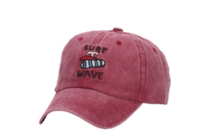 Close-up of vintage washed cotton baseball cap featuring surf wave embroidery details