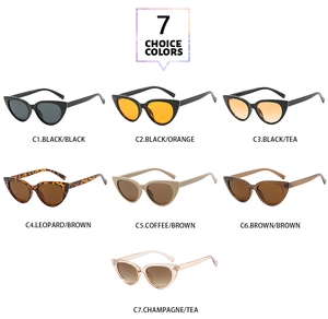Detailed catalog showing seven color variants of stylish cat eye sunglasses with tinted lenses