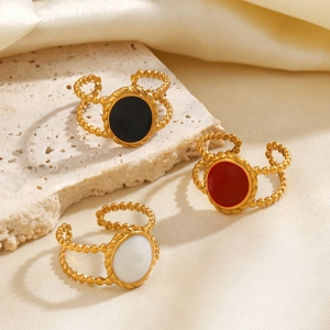 Retro Oval Drip Oil Ring 18K Gold Plated Stainless Steel Enamel Geometric Textured Band Fashion Jewelry For Women