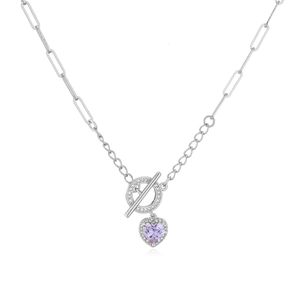 Silver OT clasp necklace with purple heart pendant and sparkling cubic zirconia stones