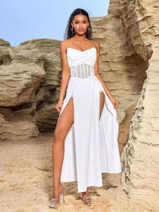 Tube Top Maxi Dress Rhinestone Corset Mesh High Slit Backless Sexy Elegant Evening Party For Women White Polyester