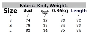 Size chart for knit dress showing bust, shoulder and length measurements in cm