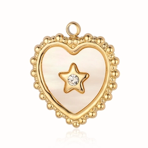 Detail of heart-shaped stainless steel pendant with white shell and star crystal