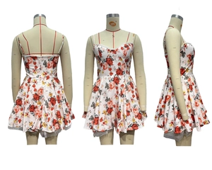 Floral A-line dress with lace trim and mesh lining shown from multiple viewing angles