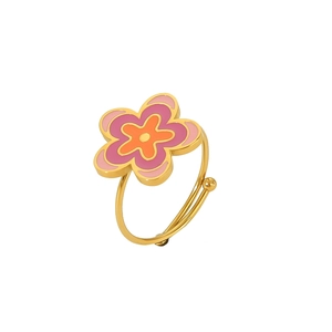 Macro detail of golden open ring featuring double-layer pink and orange enamel flowers