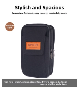 Vertical black canvas waist bag with double zippers and functional compartments for phone