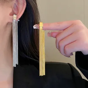 Elegant long tassel metal ear cuffs for women in gold and silver minimalist style