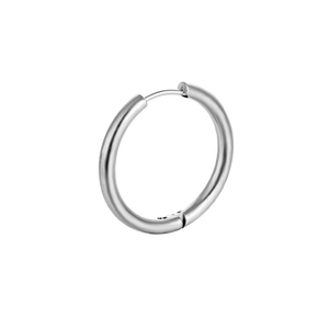 Polished silver stainless steel hoop earrings with hinge closure detail in a minimalist design