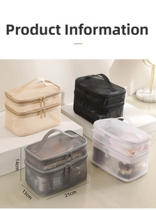 Detail view of double-layer mesh cosmetic bag with top handle and dual zipper closure