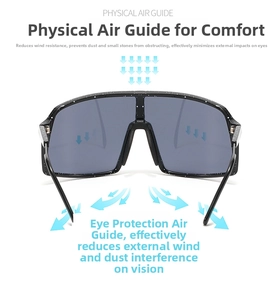 Physical air guide detail on sports cycling sunglasses with windproof structure