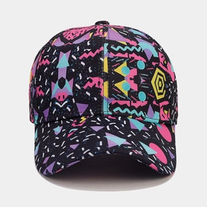 Detail of colorful geometric graffiti pattern on black cotton baseball cap