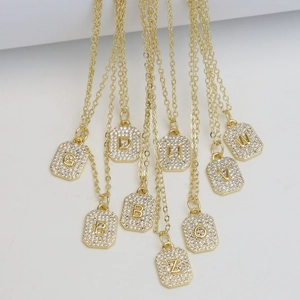 Classic 18k gold plated rectangular pendant necklace with paved zircon initial alphabet