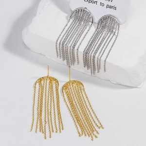 Elegant 18K gold and silver long tassel drop earrings with celestial moon curve design