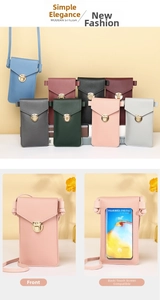 Detail of touchscreen window and metal buckle on faux leather crossbody phone bag