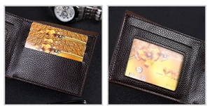 Detailed interior of dark brown litchi grain leather wallet showing card slots and ID window
