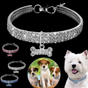 Shiny Pet Necklace Collar Rhinestone Crystal Multi Row Bone Heart Pendant Adjustable Metal Jewelry Dog Cat Puppy