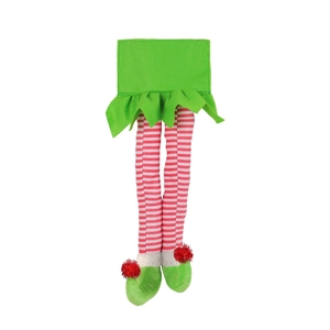 Christmas elf leg hanging ornament with green boots and red white striped stockings