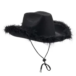 Classic black Western cowboy hat featuring fluffy feather trim and adjustable chin strap