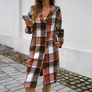 Women's long hooded plaid coat in red, black and white check with button closure