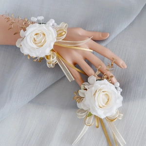 Bottoniera A Rosa Artificiale E Corsage Da Polso Fiore Di Raso Perla Artificial Sintetica Foglia Doro Elegante Decorazione Per Matrimonio E Festa