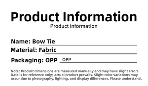 Detailed specification list for decorative fabric bowknot showing material and packaging info