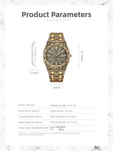 Detailed spec sheet for men's octagonal quartz watch showing case size and band width