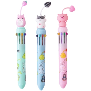 Creative 10-color ballpoint pen set with cute hamster, cat, and pig cartoon toppers