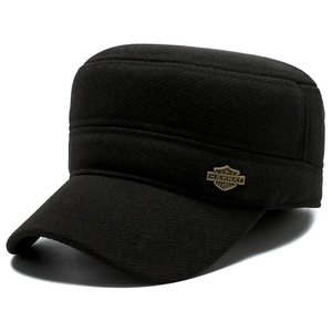 Men's winter wool military flat cap in black with vintage metal badge and ear protection
