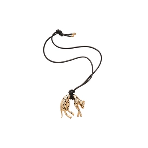 Vintage leopard pendant necklace with black silk cord and gold enamel finish