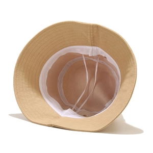 Khaki cotton bucket hat with breathable mesh lining and adjustable inner drawstring