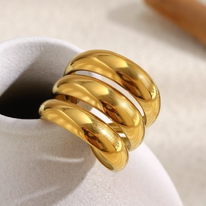 Bague Ouverte Bande Large Incurvée Plusieurs Couches Acier Inoxydable Plaqué Or 18K Bijoux Mode Géométriques Femmes