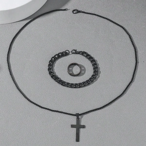 Men's black jewelry set with cross pendant necklace, Cuban chain bracelet and ring