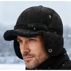 Detail view of winter trapper hat showing soft faux fur lining and metal sports logo tag