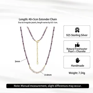 Handmade necklace with natural freshwater pearls, purple mica beads and S925 silver clasp