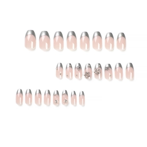 Classic pink French press-on nails with silver metallic edges and star charms