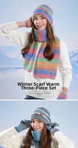 Gros plan d'un ensemble hiver en tricot avec gants tactiles et écharpe en montagne