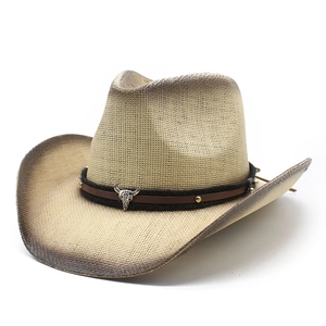 Ethnic Western straw cowboy hat with bull head pendant and stylish gradient brim