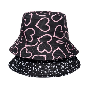 Women Reversible Bucket Hat Polyester Sun Protection Summer Beach Outdoor Heart Polka Dot Floral Pattern Travel Cap