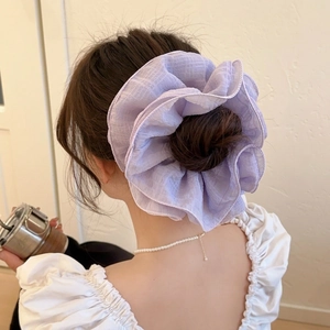 Elegant large purple ruffled organza hair scrunchie for women with chic pleated texture