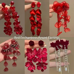 Fabric Flower Drop Earrings Red Rose Alloy With Silver Earring Post Elegant Romantic Jewelry For Women