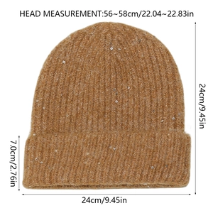 Detailed size chart of the brown wool blend knit beanie with sparkling sequins decoration