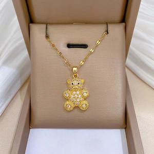 Teddy Bear Pendant Necklace Gold Stainless Steel Chain With Zircon Copper Charm Heart Detail Elegant Jewelry For Women