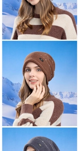 Gros plan détaillé du bonnet en maille rayée avec emblème et pull chaud assorti