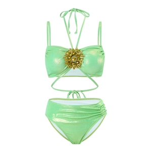 Detail of mint green bikini with a golden sunflower rhinestone brooch and metallic finish
